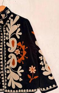 Hand Embroidered Black <b>Velvet</b> Suzani <b>Jacket</b> With Floral Pattern Full Sleeve Stand Collar Bohemian <b>Women's</b> Soft Winter Coat - Product Image 4