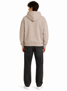 Sweat-shirt à capuche beige surdimensionné pour homme, coupe décontractée, style streetwear minimaliste, en molleton de coton doux - Product Image 3