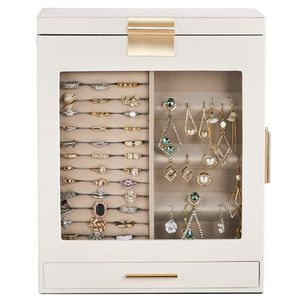 Elegante Portagioie Bianco a 4 Cassetti con Fronte Trasparente e Interno in Velluto Rosa, Armadietto per Accessori e Organizzatori - Product Image 4