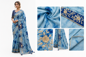 CHOHAN TEXTILE Sari en soie chiffon bleu tie-dye shibori avec broderie dorée, style vintage, longueur ras du sol, pour femme, tenue de soirée, tradition indienne - Product Image 4