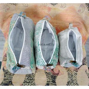 Beautiful Vintage Kantha Floral Printed Quilted Zipper Closure 3-Piece Women's Travel for <b>Pouch</b> Set Cosmetic Bags - Product Image 5