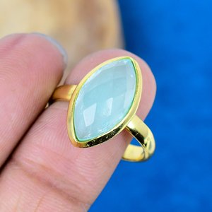 Natural Aqua Chalcedony Marquise Shape Gemstone <b>Ring</b> Handmade 18k Gold Micron Over 925 Sterling <b>Silver</b> - Product Image 3