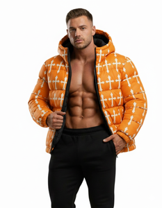 Mens Orange Solid Hooded Waterproof Breathable Eco Friendly Puffer Jacket Winter Warm <b>Bubble</b> <b>Coat</b> Streetwear Front Logo Custom - Product Image 1