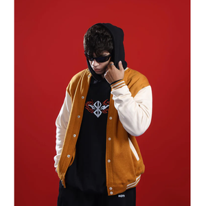 Veste universitaire orange pour homme avec manches crème, logo brodé, col rabattu, coupe classique, vêtement d'automne - Product Image 5