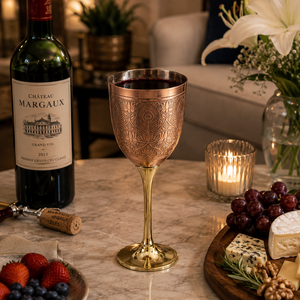 Gobelet à vin en cuivre gravé motif paon avec tige dorée – Verre à vin en métal orné pour mariage, dîner, bar et cadeaux - Product Image 5