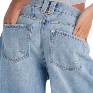 <b>Women's</b> <b>Light</b> <b>Blue</b> Solid Mid Waist Wide Leg Regular Fit Full Length <b>Jeans</b> Enzyme Wash <b>Ripped</b> Vintage Casual 100% Cotton Quick - Product Image 6