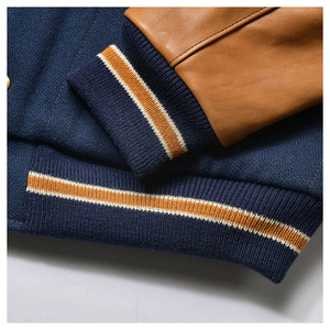 Chaqueta Varsity de Lana Azul Marino para Hombre con Mangas de Cuero Color Bronceado, Cierre de Botones, Estilo Casual para Otoño - Product Image 5