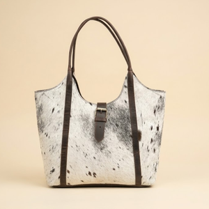 Premium Genuine Cowhide Leather <b>Tote</b> Bag | Brown & White Hair-On Shoulder Handbag for Women, Large Capacity Designer Carry Bag - Product Image 1