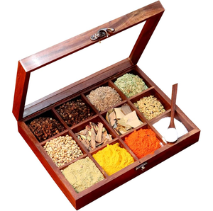 Boîtes à épices en bois d'acacia, rangement et vente flash, 12 compartiments, mini-cuillères, boîte à épices en bois - Product Image 1