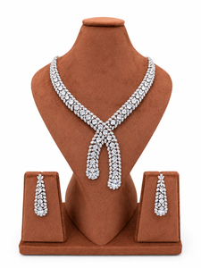 Luxury Brass <b>Silver</b> Plated CZ Diamond <b>Choker</b> Necklace Set Elegant Cubic Zirconia Drop Earrings Bridal Jewelry Set - Product Image 4