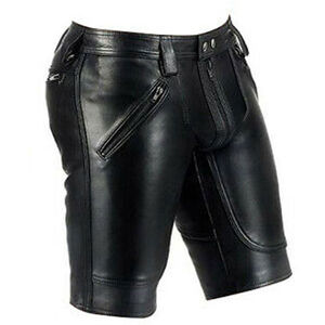 Shorts en cuir non tissé style motard pour homme avec empiècements latéraux, coupe décontractée - Product Image 4