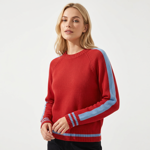 Pull à col rond pour femme, couleur rouge, à blocs de couleur, manches longues, tricoté, décontracté, pour l'automne, 100% acrylique, 280g, personnalisable, marque - Product Image 4