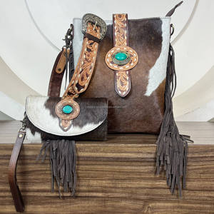 Wholesale Price Stock Lot of <b>Ladies</b> Hand Tooled Leather Fringe Shoulder Handbag & Genuine Cowhide Leather Wristlet Clutch Wallet - Product Image 4