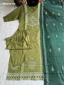 Ocasional Wear Excellent Quality Cotton with Hand <b>Block</b> <b>Print</b> With Real Mirror Hand Work Kurti Pent Set Supplier from Surat - Product Image 2