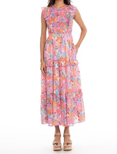 Floral Print Chiffon Maxi <b>Dress</b> V-neck Anti-Wrinkle A-Line 100% Cotton Loose Fit Ankle-Length American Summer Women's <b>Dress</b> - Product Image 2