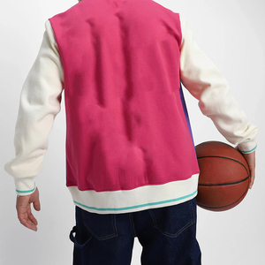 Men's <b>Purple</b> <b>Varsity</b> <b>Jacket</b> With White Sleeves Button Closure Casual Color Blocking Polyester Cotton Blend Autumn Wear - Product Image 2
