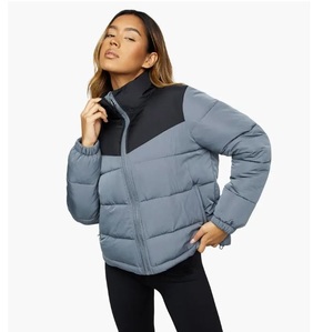 Color Blocking Puffer <b>Jacket</b> Stand Collar Zipper Closure Windproof Winter Casual Thick Polyester Wadding Short Length Regularfit - Product Image 5