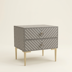 <b>Grey</b> Bone Inlay 2 <b>Drawer</b> Bedside Table| Chevron Stripe Design Bedside Table | Premium Handmade Furniture - Product Image 1
