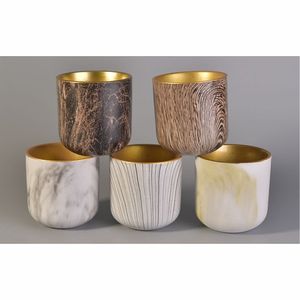 Pot à bougie en métal mat de luxe avec finition dorée, textures marbre et grain de bois, récipient vide en porcelaine personnalisé de 10 oz pour bougie - Product Image 1