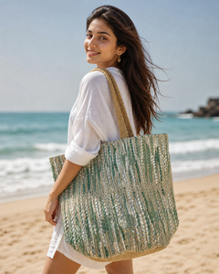Bolso Tote Bohemio de Yute Tejido con Correa de Hombro con Cuentas, Bolso de Playa de Verano para Mujer, Diseño Abierto y Duradero - Product Image 5