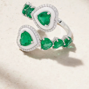 Luxury 18K Gold <b>Emerald</b> Diamond Enamel Halo Ring with Round Brilliant Cut for Women Party Occasions - Product Image 1