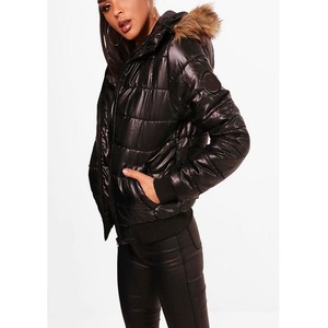 Unisex Black Hooded Puffer Jacket <b>Fur</b> <b>Trim</b> Windproof Zipper Closure Casual Winter Outerwear Coated Stand Polyester Fiber Filling - Product Image 5