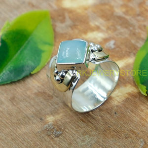 Anillo de Calcedonia Azul, Plata de Ley 925 Sólida con Anillo de Latón, Anillo Decorativo Hecho a Mano con Acabado Martillado para Regalo de Joyería de Calcedonia - Product Image 4