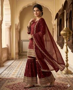 Conjunto Kurti Sharara Bordado con Dupatta – Traje Étnico de Diseñador con Bordado Zari para Bodas y Fiestas para Mujer - Product Image 5