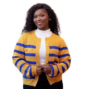 Cardigan rayé bleu et or Sigma Gamma Rho pour femme, pull boutonné, style décontracté de sororité grecque, tricot de qualité supérieure - Product Image 1