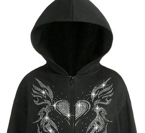 <b>Black</b> Rhinestone Heart <b>Wings</b> Zip-Up Hoodie Unisex Oversized Casual Autumn Wear Knitted Polyester Sweatshirt - Product Image 4