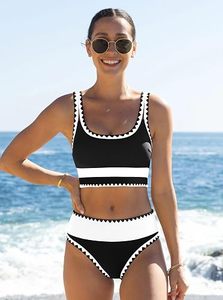 Women's Black White Floral Contrast Binding Tankini Set Scoop Neck <b>Crop</b> <b>Top</b> Skirt Two Piece Stretch High Waist Breathable - Product Image 3