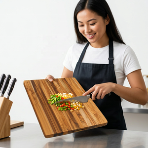 Tabla de cortar grande de madera de teca duradera con mango de fácil agarre, ranura para jugos, incluye recipientes, tapas, ralladores y juego de bloques para tallar. - Product Image 2