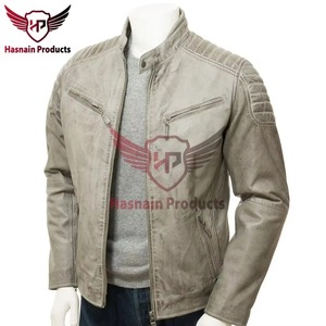 Chaqueta de Cuero Genuino Gris para Hombre, Corte Ajustado, Estilo Motero, Cafe Racer, de Piel de Vacuno, con Hombros Acolchados, Personalizada, Clásica, de Moda - Product Image 2