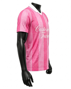 Maillot de football personnalisé pour homme, rose rayé, sublimé, manches courtes, col rond, polyester respirant, coupe athlétique, 160g - Product Image 2