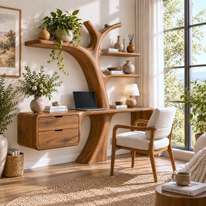 Escritorio de Madera Contemporáneo de Lujo, Hecho a Mano, para Montar en la Pared, con Estantes en Forma de Árbol y Cajón, para Oficina en Casa - Product Image 4