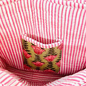 Pink <b>Rose</b> Quilted Cotton Tote Bag with Striped Handles Open <b>Top</b> Fashion Shopping Bag Shoulder Strap Open Closure - Product Image 2