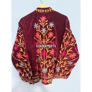 Hand Embroidered Quilted <b>Velvet</b> Mandarin Collar Jacket Full Sleeve Floral Pattern <b>Women's</b> Autumn Winter Wear Elegant Style - Product Image 6