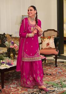Ensemble Salwar Kameez en velours tissé rouge brodé pour femmes, tenue ethnique d'été, Dupatta, tenue de fête traditionnelle longueur genou - Product Image 6