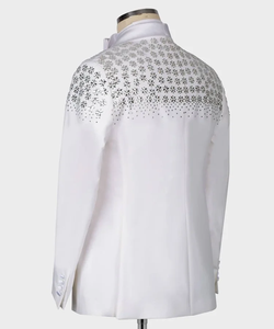 <b>Men</b>’s <b>White</b> Embellished Tuxedo Blazer with Floral Crystal Detailing – Designer Shawl Lapel Wedding Suit <b>Jacket</b> - Product Image 5