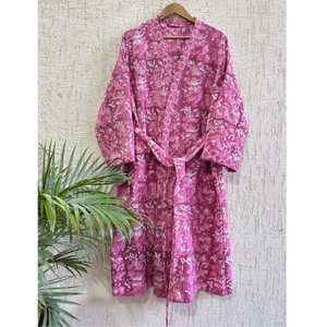 Peignoir de luxe en coton gaufré rose imprimé en bloc, écologique, pour femme, idéal pour les voyages, séchage rapide, pour spa, hôtel, vente au détail - Product Image 1