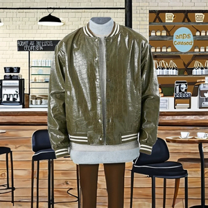 Men Genuine Sheep Skin Winter Varsity <b>Jacket</b> High Street Style Plain Dyed Letter Pattern Stand Collar High Quality - Product Image 4