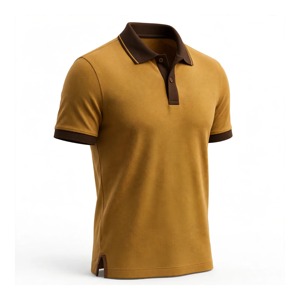 Chemise en piqué de coton pour homme, imprimé numérique, logo frontal, manches courtes, couleur unie, respirante, décontractée, col marron - Product Image 5