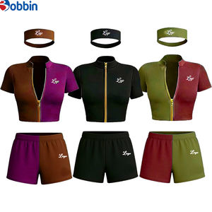 Conjunto Deportivo de 3 Piezas para Mujer, Transpirable, de Secado Rápido, en Spandex/Poliéster, con Chaqueta Corta con Cierre, Pantalones Cortos y Diadema, Estilo Hip Hop - Product Image 1