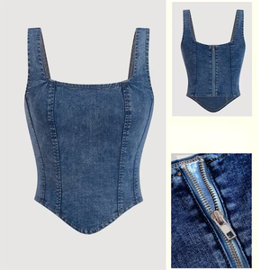 Hot Sale Women's Denim Tank <b>Top</b> O-Neck Sleeveless <b>Crop</b> <b>Top</b> Casual Summer Outdoor Front Logo Breathable Eco-Friendly High Quality - Product Image 3