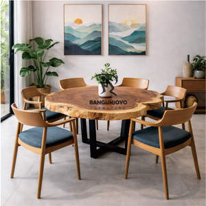 Ensemble de table à manger en bois avec 6 chaises et pieds en fer, design moderne réglable pour appartement et hôtel - Product Image 1