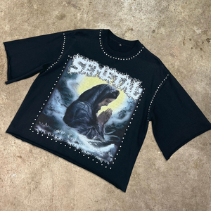 เสื้อยืดโอเวอร์ไซส์ผ้าฝ้าย 100% ประดับคริสตัล ผ้าเฟรนช์เทอร์รี่เนื้อหนา ซักย้อมสีแบบแอซิดวอช แขนสั้นสองชั้น - Product Image 4