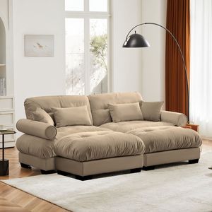 Divano Moderno Oversize a 2 Posti in Velluto con Poggiapiedi, Braccioli Imbottiti e Cuscino Lombare - Cuscini Decorativi Inclusi per Soggiorno - Product Image 2