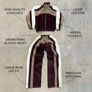 Conjunto unisex de sudadera con capucha y pantalones de chándal con cremallera, diseño personalizado, estilo urbano oversize, chaqueta de chándal de pana con patchwork para correr - Product Image 2