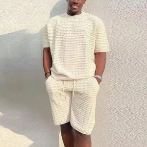 Wholesale Custom New Men’s Textured <b>Knit</b> Shorts <b>Set</b> Summer Casual Two Piece Outfit Streetwear Loose Fit Custom Logo Shorts <b>Sets</b> - Product Image 3