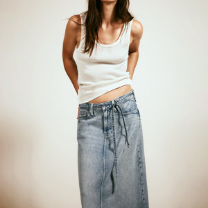 Soft Denim Skirt Pale Denim Blue Autumn Straight Belt Rhinestone Vintage Y2K Charm Ladies Midi - Product Image 2